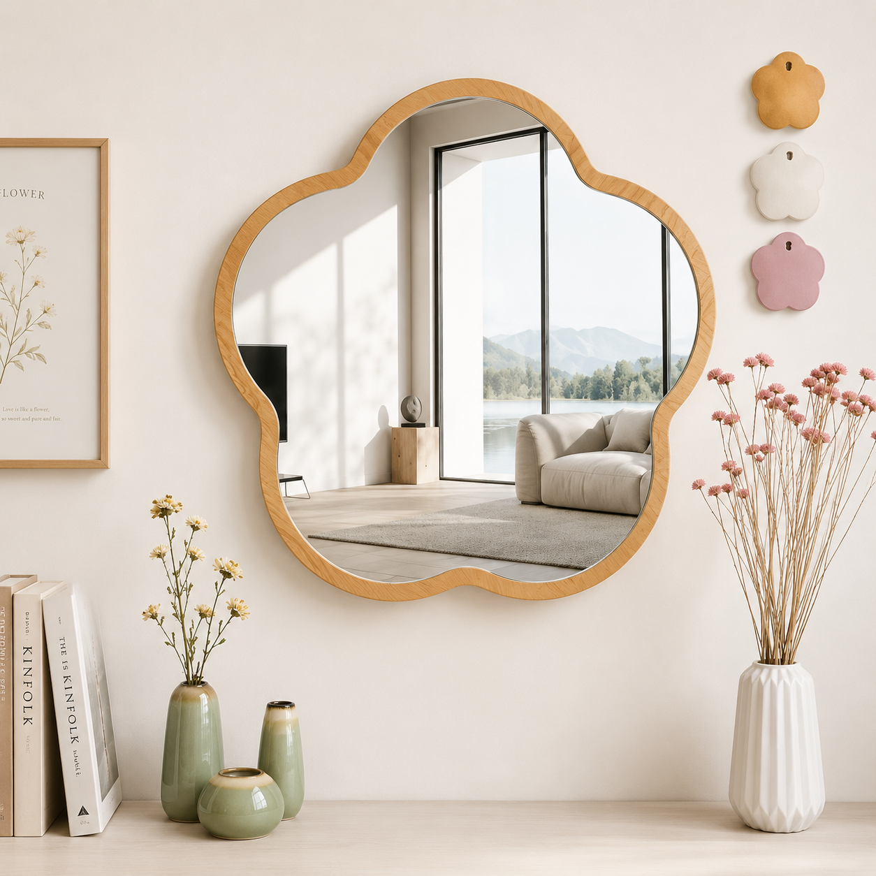Flower Shaped Wall Mirror | Cute Bedroom Mirror | Acrylic Wood Decor | Dorm Vanity Mirror | Playful Dressing Room Accent