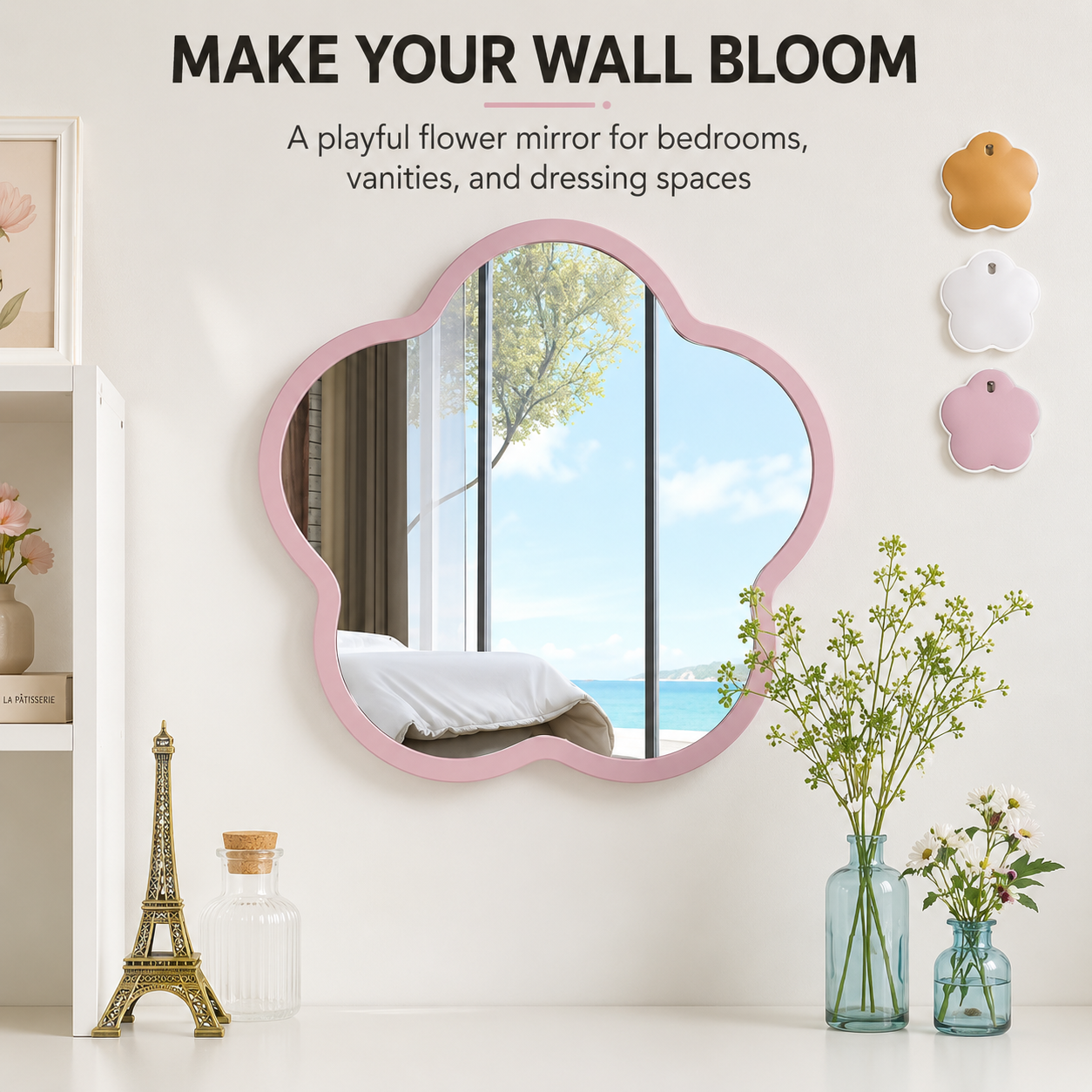 Flower Shaped Wall Mirror | Cute Bedroom Mirror | Acrylic Wood Decor | Dorm Vanity Mirror | Playful Dressing Room Accent