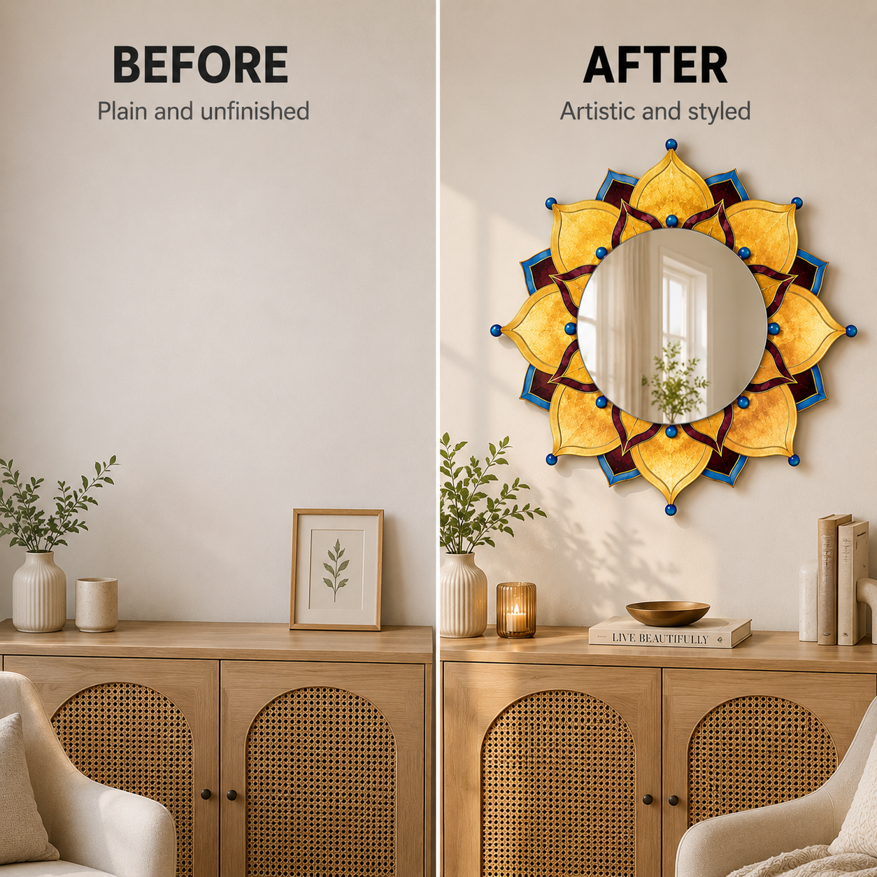Floral Mandala Wall Mirror | Acrylic Decorative Mirror | Boho Bedroom Vanity Decor | Round Flower Wall Accent | Artistic Home Display