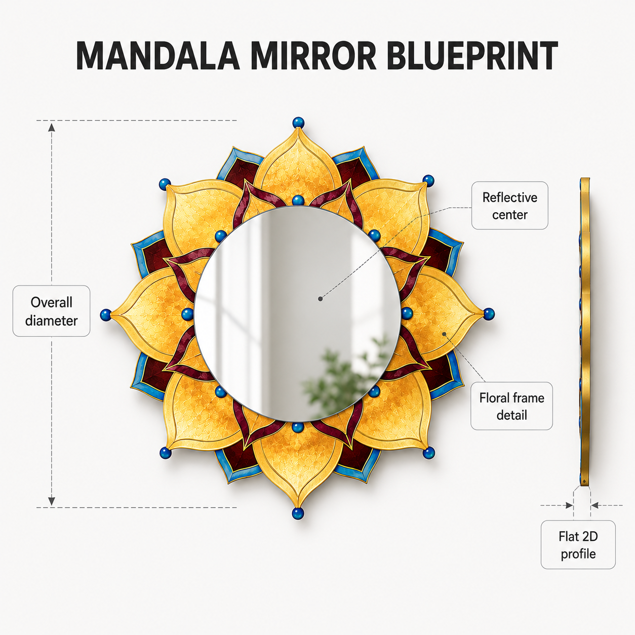 Floral Mandala Wall Mirror | Acrylic Decorative Mirror | Boho Bedroom Vanity Decor | Round Flower Wall Accent | Artistic Home Display