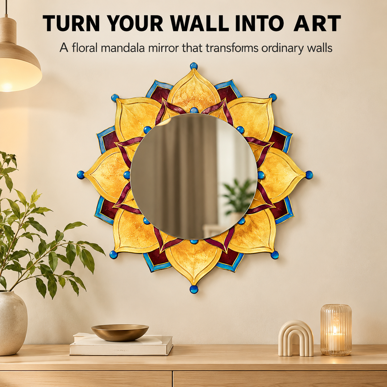 Floral Mandala Wall Mirror | Acrylic Decorative Mirror | Boho Bedroom Vanity Decor | Round Flower Wall Accent | Artistic Home Display