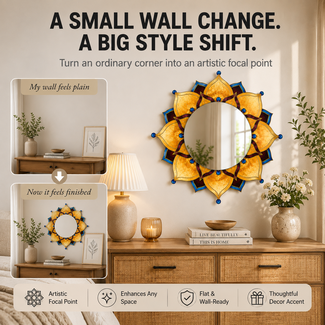 Floral Mandala Wall Mirror | Acrylic Decorative Mirror | Boho Bedroom Vanity Decor | Round Flower Wall Accent | Artistic Home Display