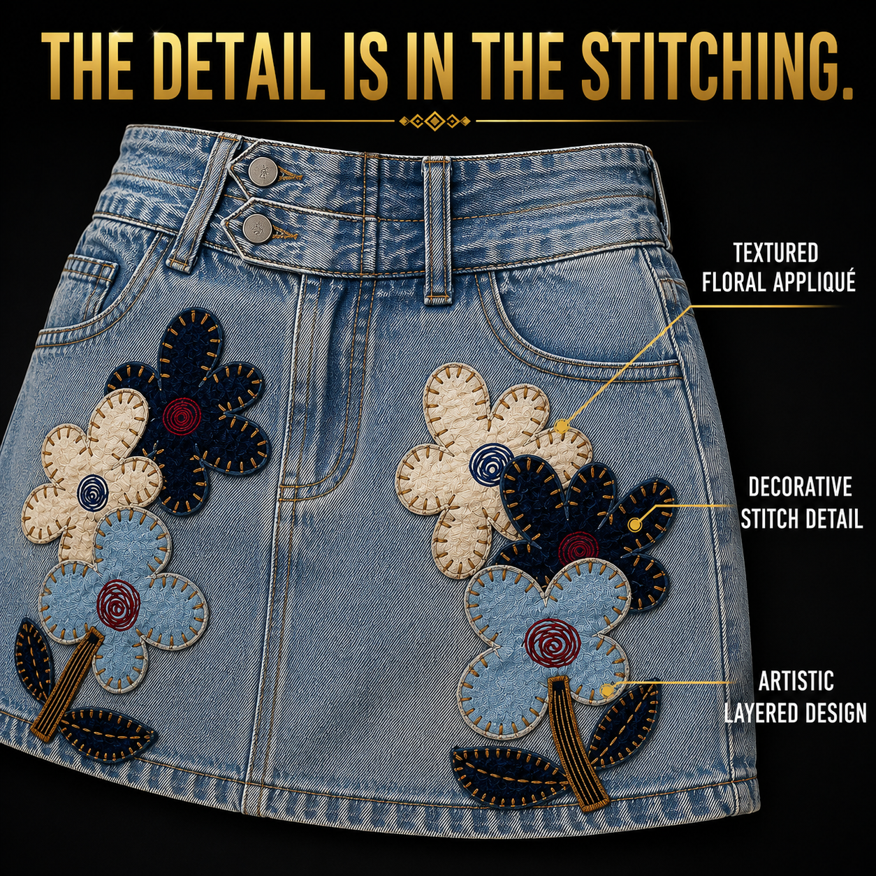 Floral Embroidered Denim Mini Skirt for Women, Y2K Patchwork Jean Skirt, Cute Vintage Aesthetic Summer Statement Skirt