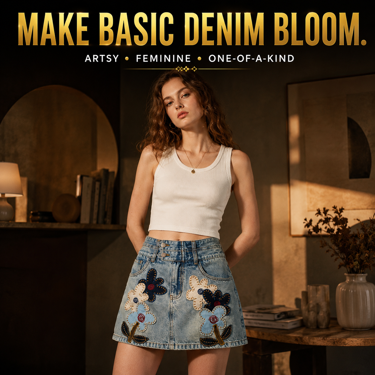 Floral Embroidered Denim Mini Skirt for Women, Y2K Patchwork Jean Skirt, Cute Vintage Aesthetic Summer Statement Skirt