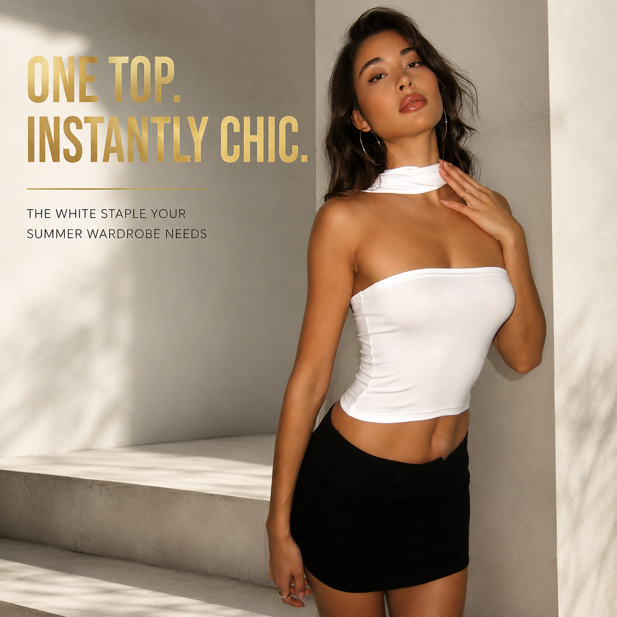 Strapless White Crop Top with Neck Scarf  | Fitted Tube Top | Y2K Summer Going Out Top | Chic Slim Tank for Women