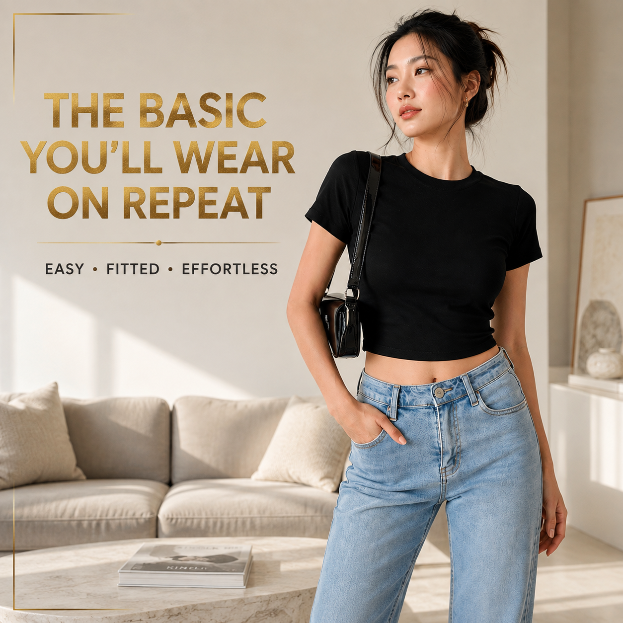 Women’s Black Crop Top Short Sleeve Fitted T-Shirt   | Casual Basic Tee| Slim Cotton-Look Top| Summer Everyday Outfit