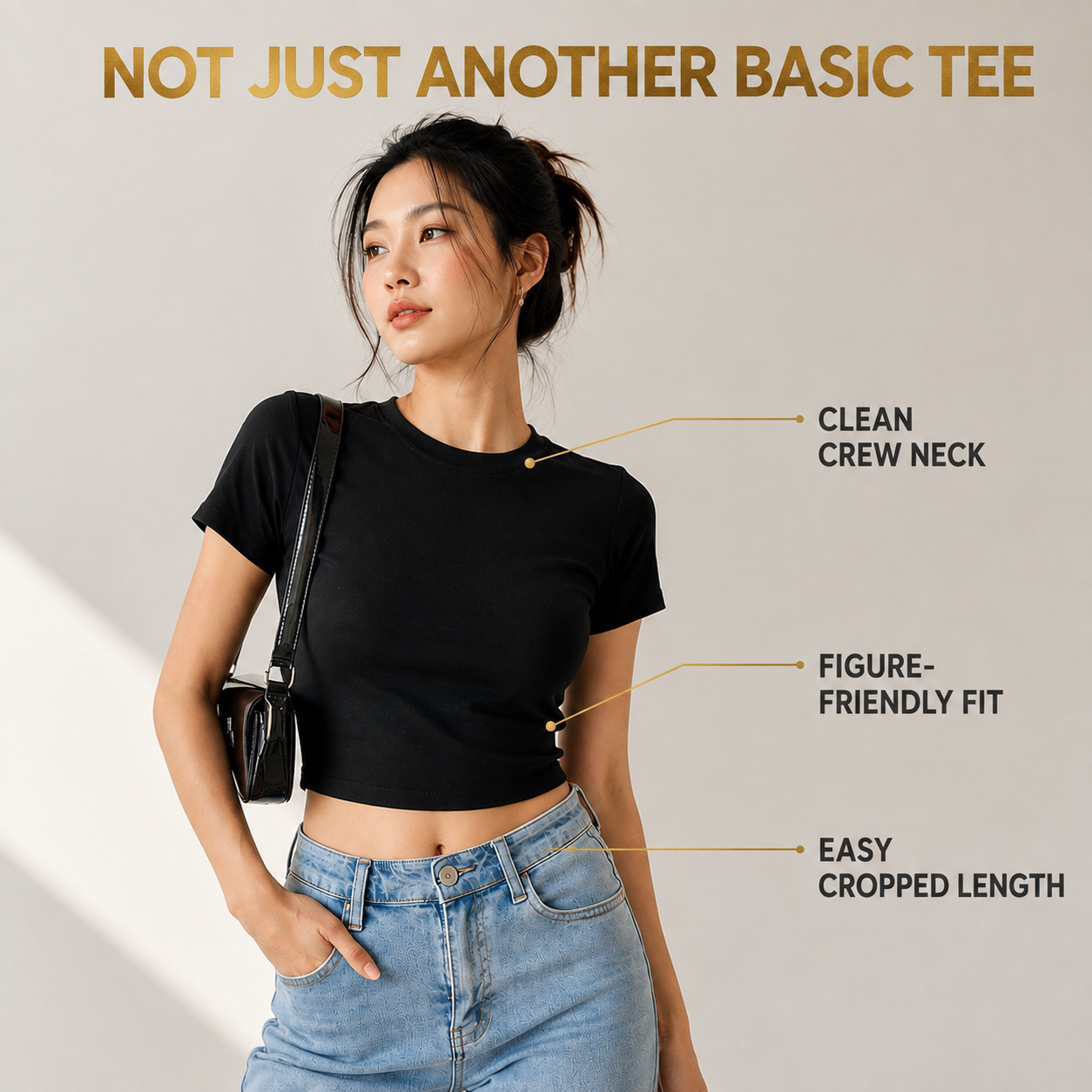 Women’s Black Crop Top Short Sleeve Fitted T-Shirt   | Casual Basic Tee| Slim Cotton-Look Top| Summer Everyday Outfit