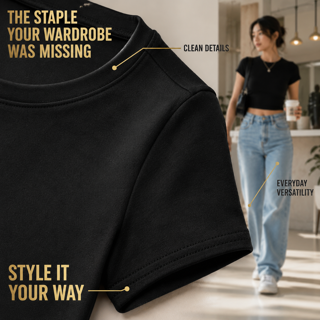 Women’s Black Crop Top Short Sleeve Fitted T-Shirt   | Casual Basic Tee| Slim Cotton-Look Top| Summer Everyday Outfit