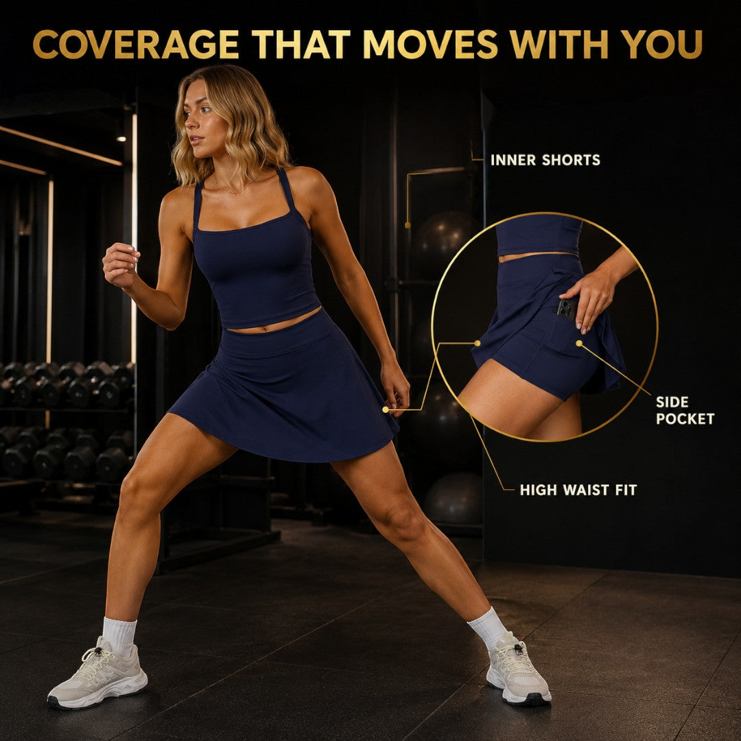 Women's Yoga Skirt Set | Square Neck Workout Top | High Waist Skort with Side Pocket | Sleeveless Fitness Outfit for Gym Training and Tennis