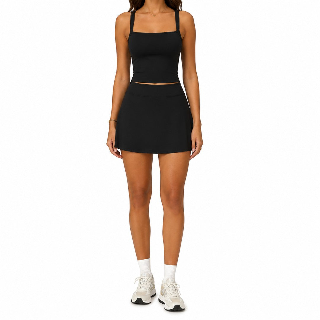 Women's Yoga Skirt Set | Square Neck Workout Top | High Waist Skort with Side Pocket | Sleeveless Fitness Outfit for Gym Training and Tennis