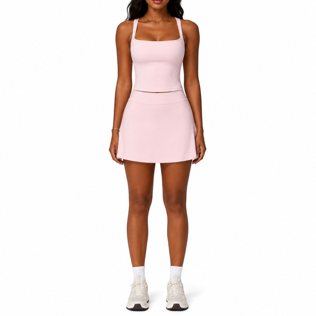 Women's Yoga Skirt Set | Square Neck Workout Top | High Waist Skort with Side Pocket | Sleeveless Fitness Outfit for Gym Training and Tennis