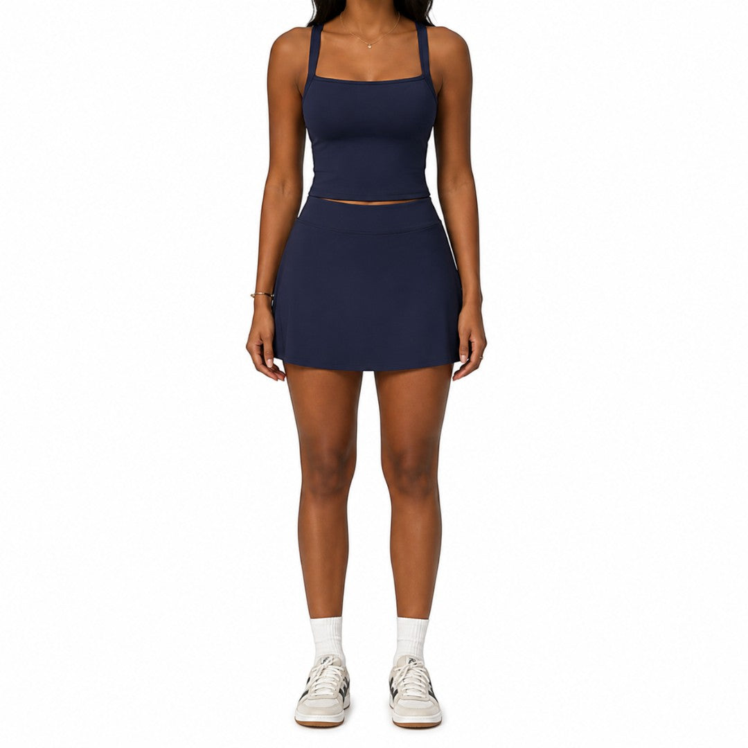 Women's Yoga Skirt Set | Square Neck Workout Top | High Waist Skort with Side Pocket | Sleeveless Fitness Outfit for Gym Training and Tennis