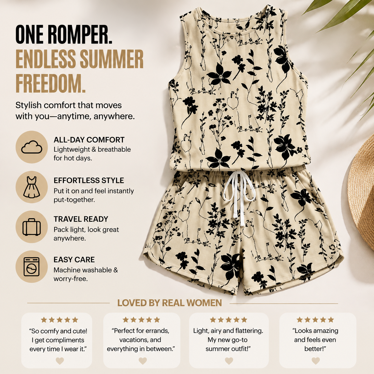 Floral Print Romper Summer Casual Sleeveless Drawstring Shorts Outfit Lightweight Comfortable Everyday Wear