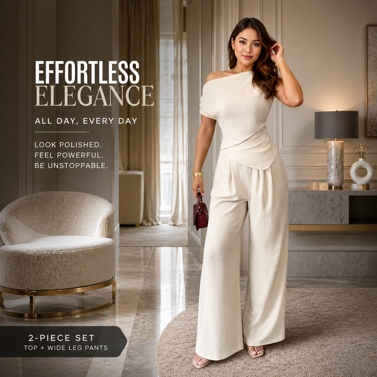 Elegant 2 Piece Set Women Off Shoulder Top & Wide Leg Pants Outfit Chic Lounge Set Casual Dressy Matching Set