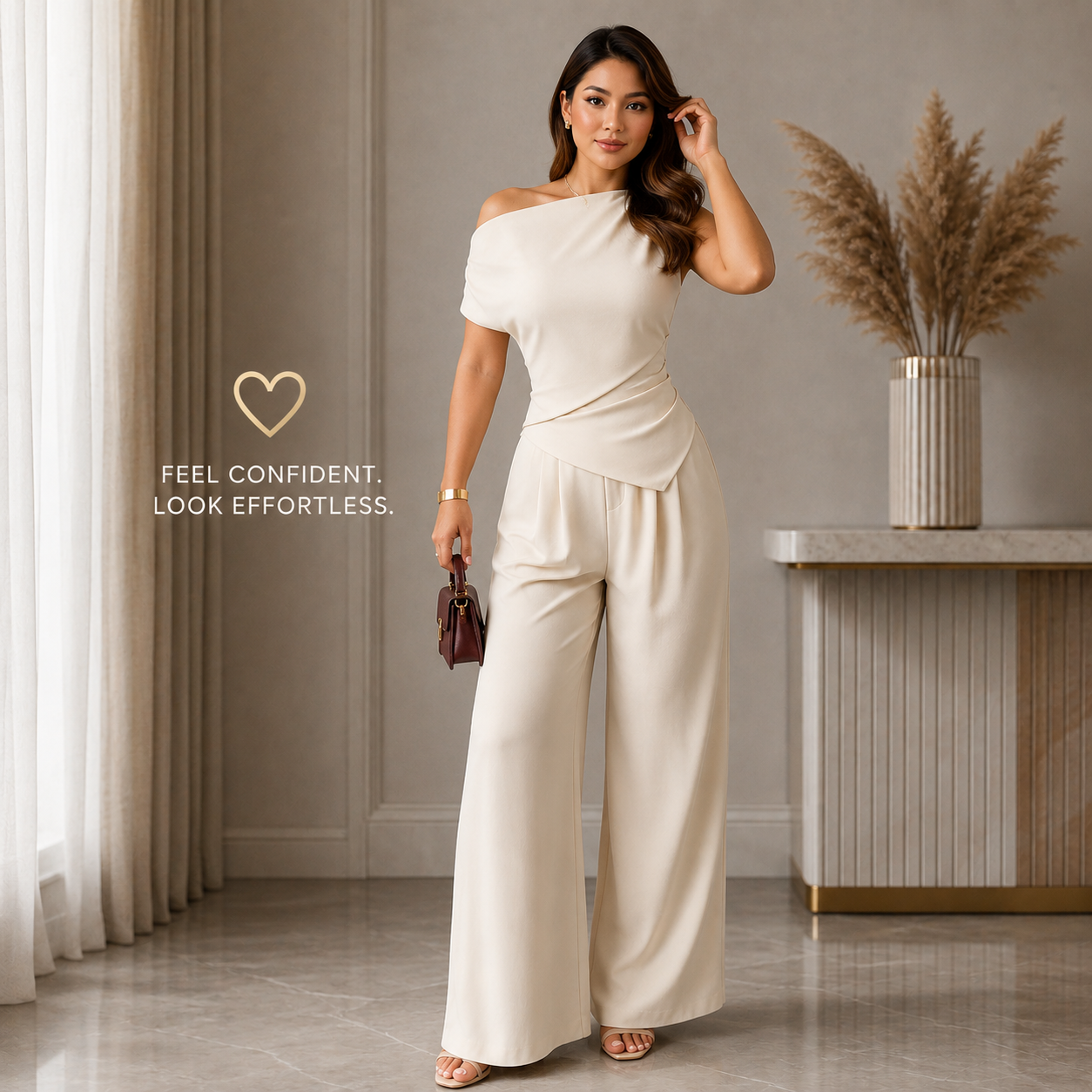 Elegant 2 Piece Set Women Off Shoulder Top & Wide Leg Pants Outfit Chic Lounge Set Casual Dressy Matching Set