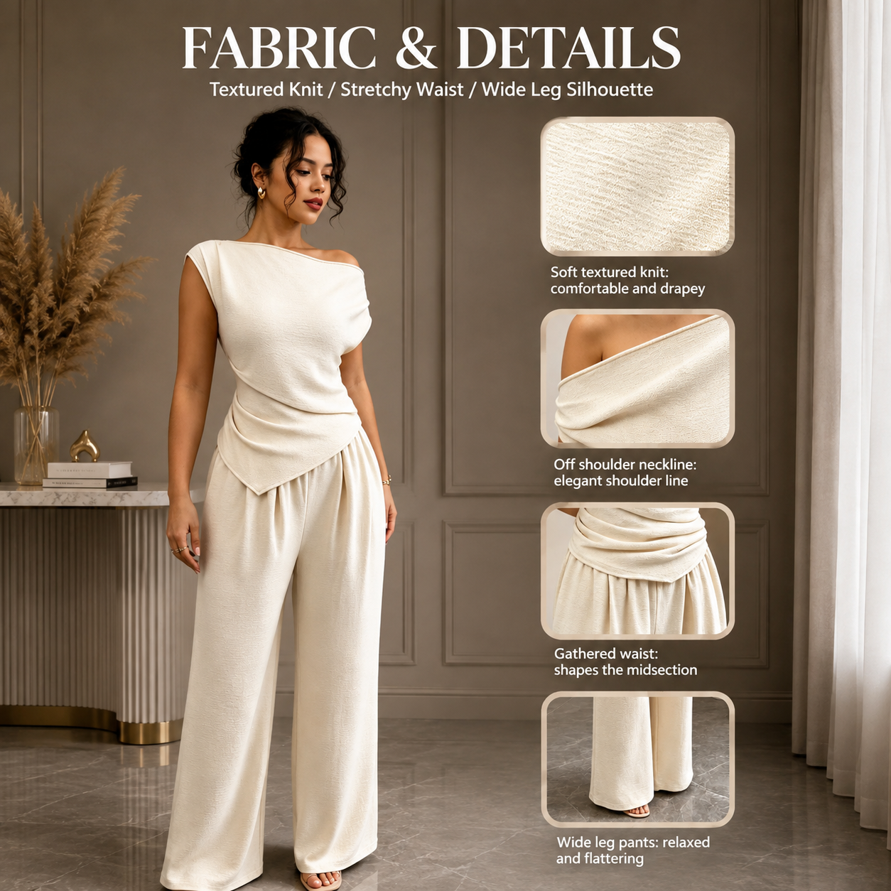 Elegant 2 Piece Set Women Off Shoulder Top & Wide Leg Pants Outfit Chic Lounge Set Casual Dressy Matching Set