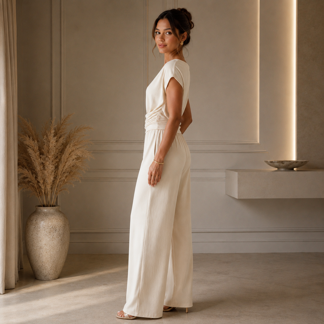 Elegant 2 Piece Set Women Off Shoulder Top & Wide Leg Pants Outfit Chic Lounge Set Casual Dressy Matching Set