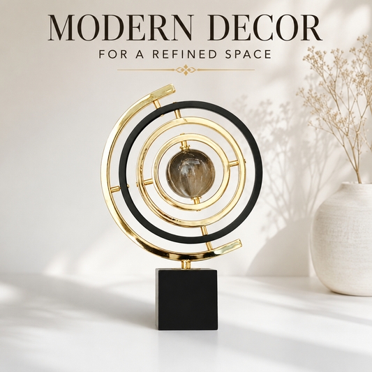 Metal Globe Sculpture Black Gold Orbital Decor Desk Shelf Office Living Room Statement Ornament