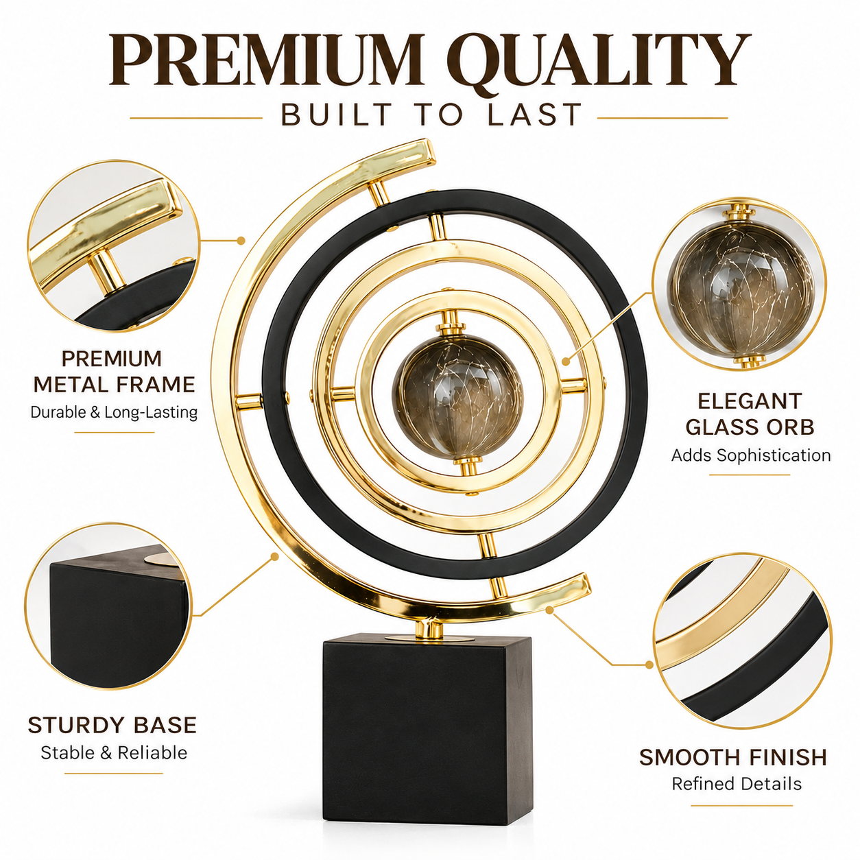 Metal Globe Sculpture Black Gold Orbital Decor Desk Shelf Office Living Room Statement Ornament
