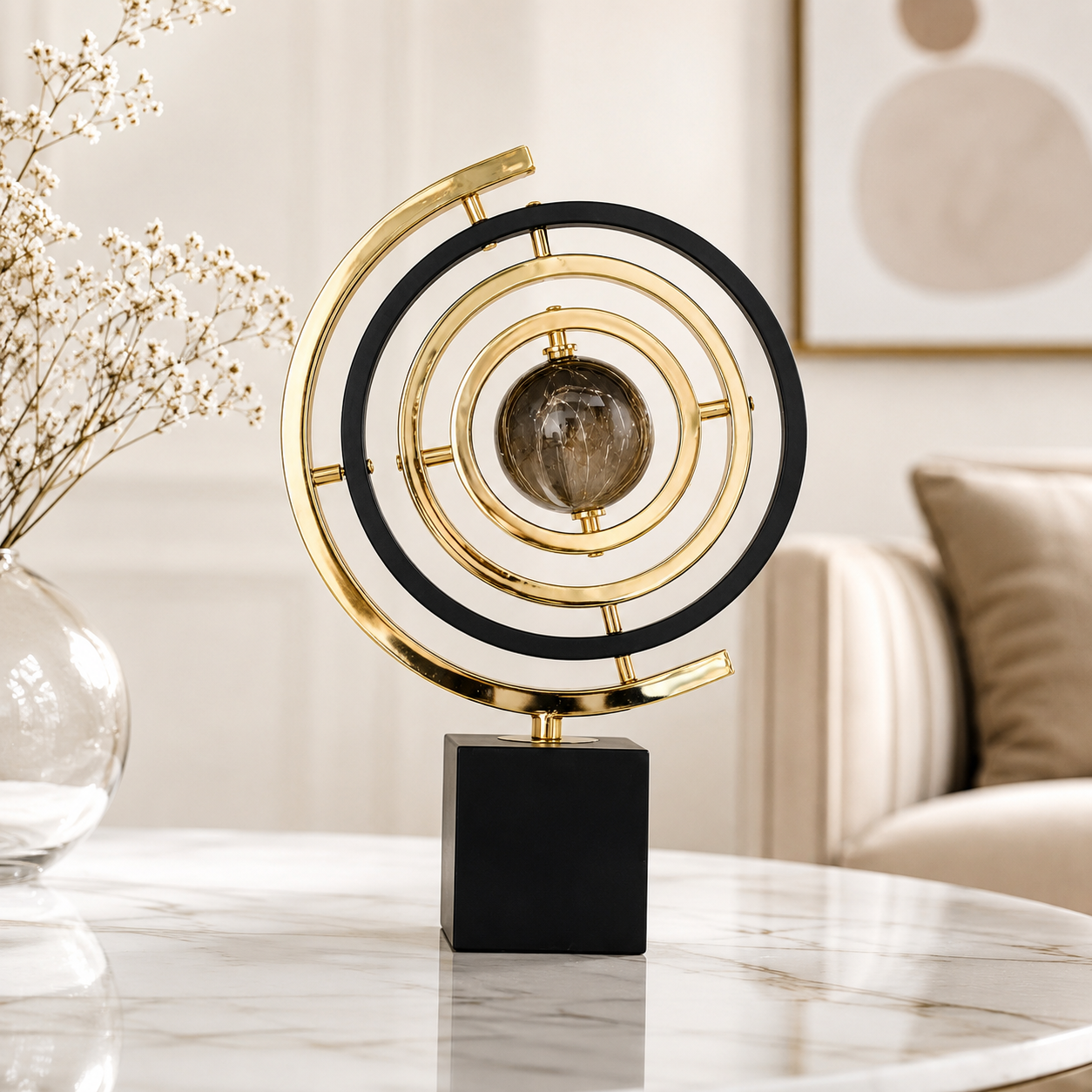 Metal Globe Sculpture Black Gold Orbital Decor Desk Shelf Office Living Room Statement Ornament