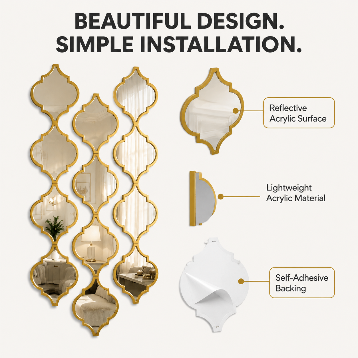Moroccan Acrylic Wall Mirror Set | Self Adhesive Decorative Mirror Tiles | Geometric Modern Wall Decor For Bedroom Bathroom Hallway