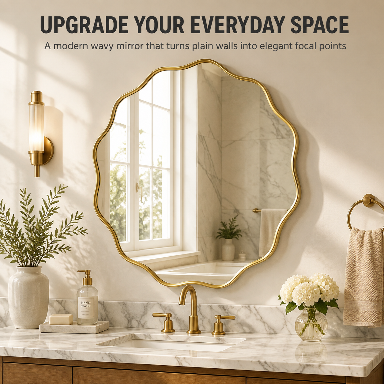Wavy Round Wall Mirror | Modern Bathroom Vanity Mirror | Decorative Bedroom Mirror | Deep Frame Home Decor Accent