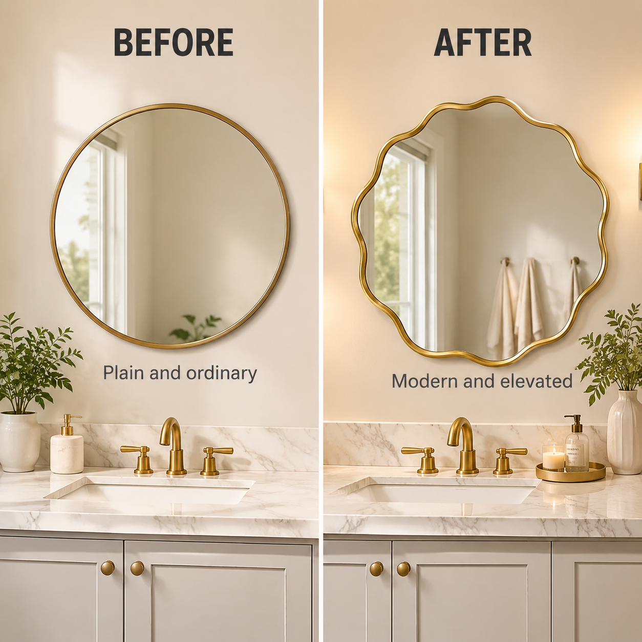 Wavy Round Wall Mirror | Modern Bathroom Vanity Mirror | Decorative Bedroom Mirror | Deep Frame Home Decor Accent