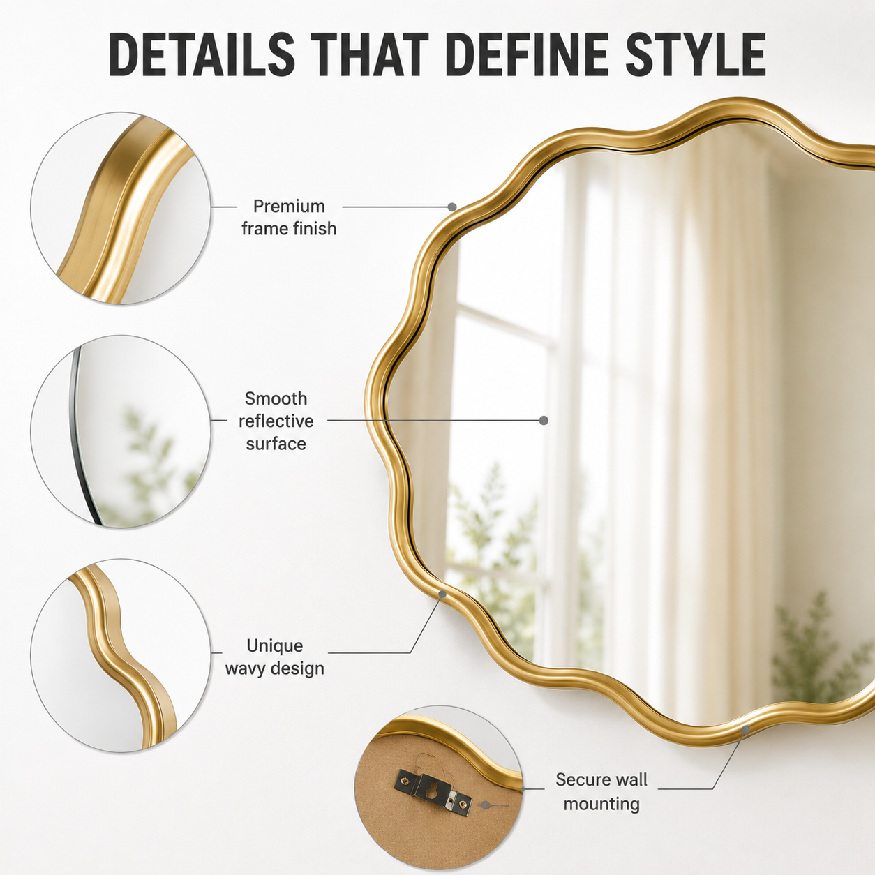 Wavy Round Wall Mirror | Modern Bathroom Vanity Mirror | Decorative Bedroom Mirror | Deep Frame Home Decor Accent