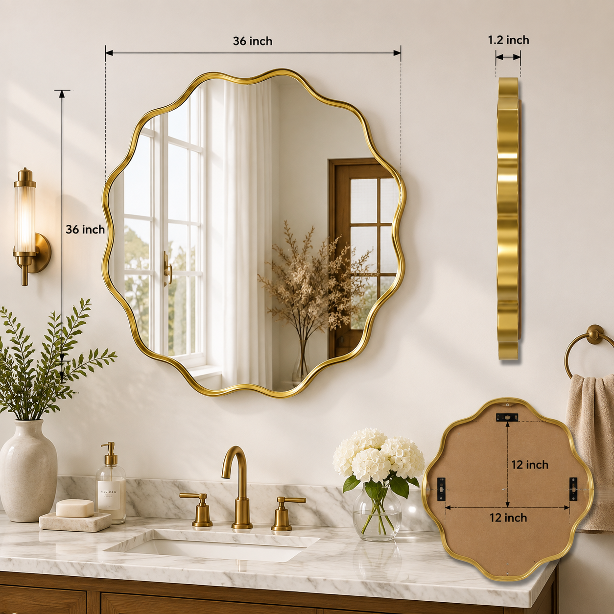 Wavy Round Wall Mirror | Modern Bathroom Vanity Mirror | Decorative Bedroom Mirror | Deep Frame Home Decor Accent
