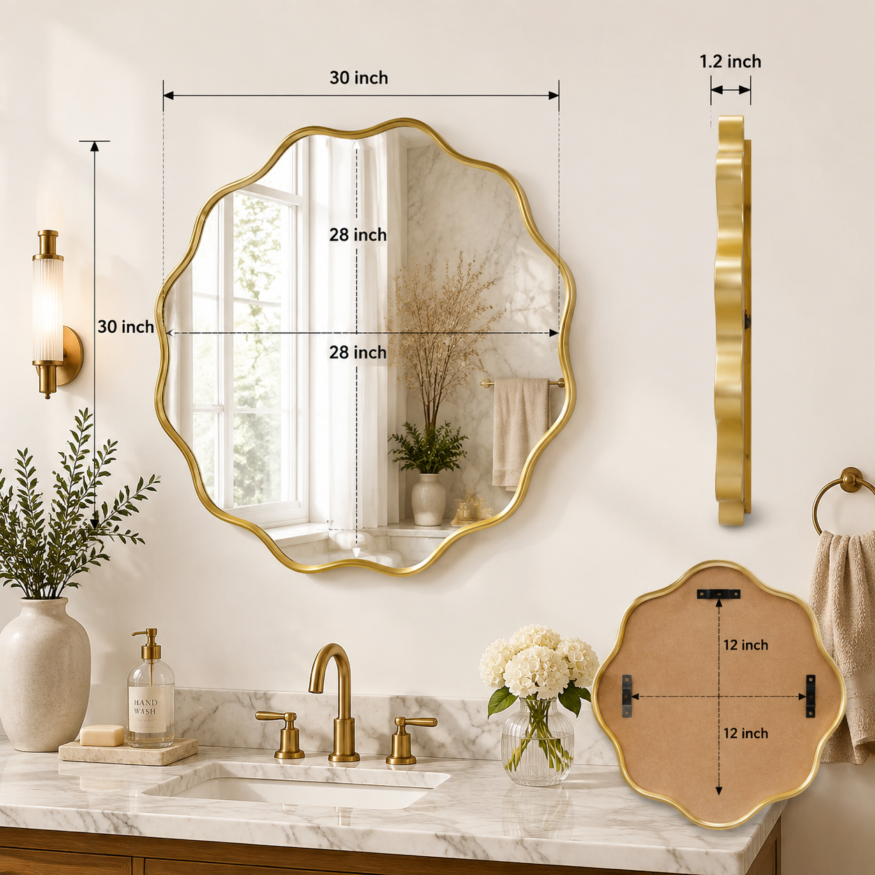 Wavy Round Wall Mirror | Modern Bathroom Vanity Mirror | Decorative Bedroom Mirror | Deep Frame Home Decor Accent