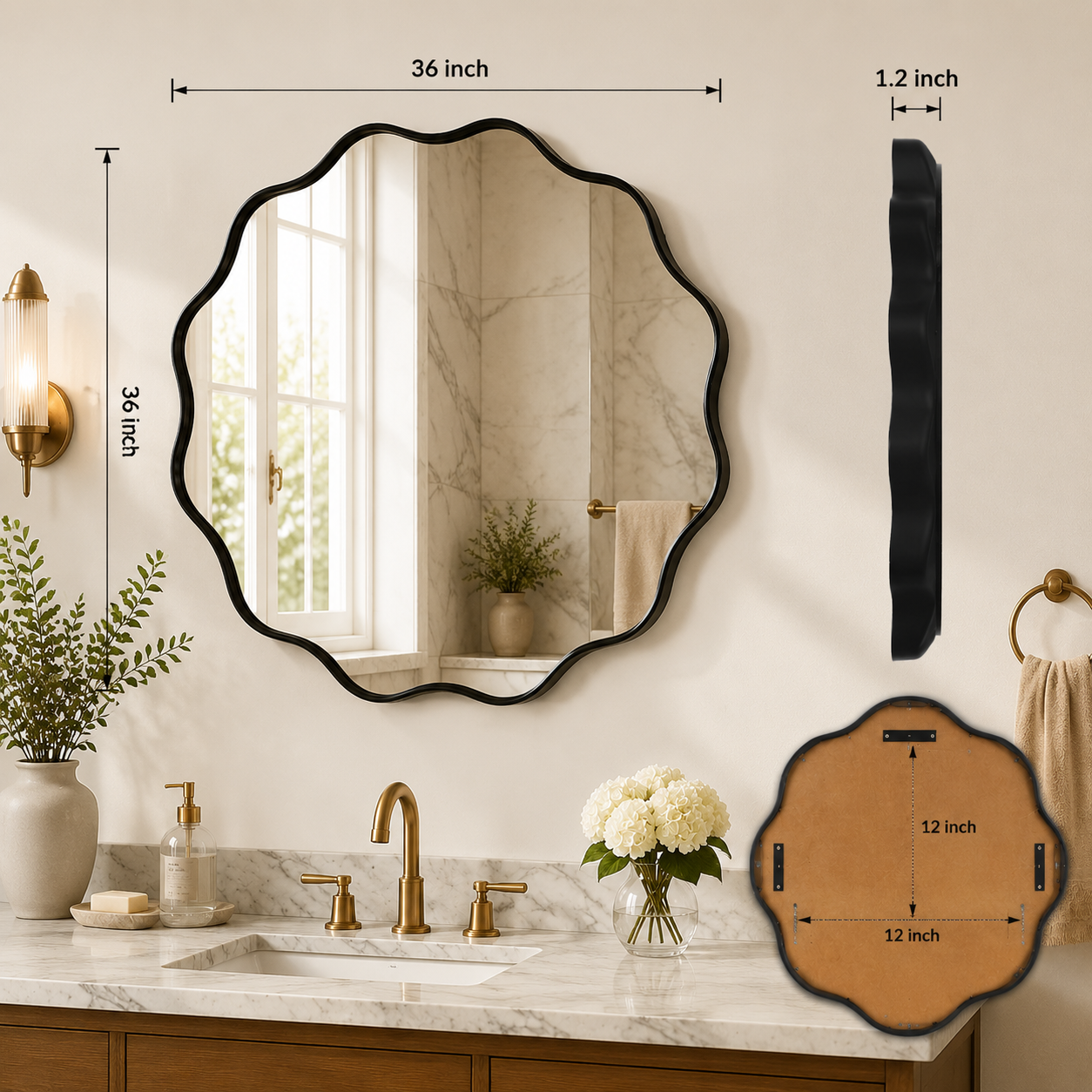 Wavy Round Wall Mirror | Modern Bathroom Vanity Mirror | Decorative Bedroom Mirror | Deep Frame Home Decor Accent