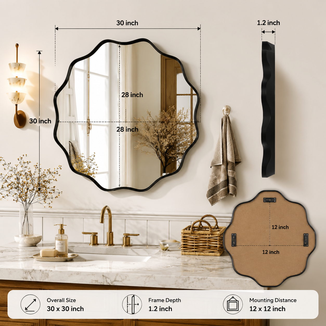 Wavy Round Wall Mirror | Modern Bathroom Vanity Mirror | Decorative Bedroom Mirror | Deep Frame Home Decor Accent