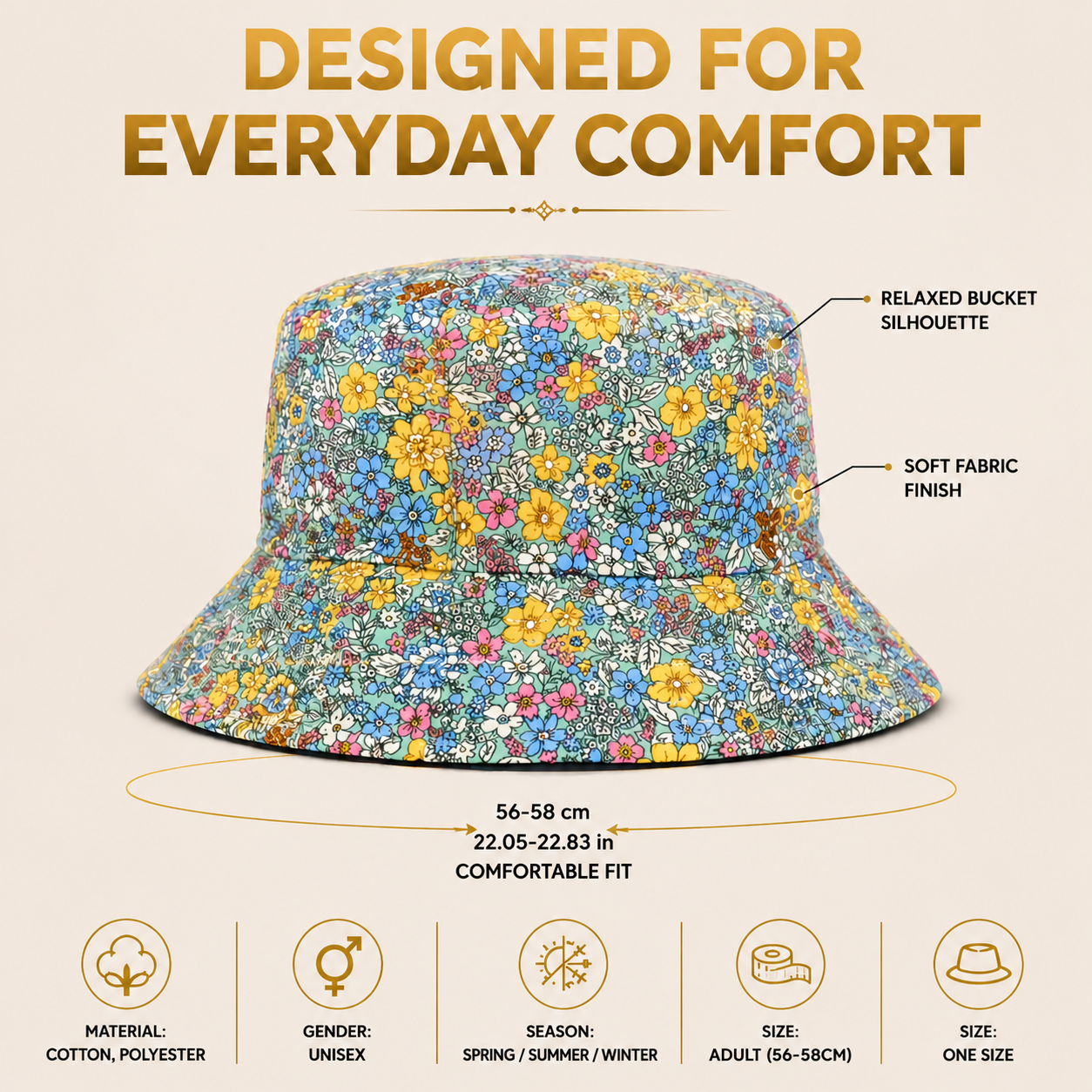 Floral Print Bucket Hat Women Summer Style Hat Cute Flower Pattern Casual Outdoor Accessory Soft Cotton Sun Hat