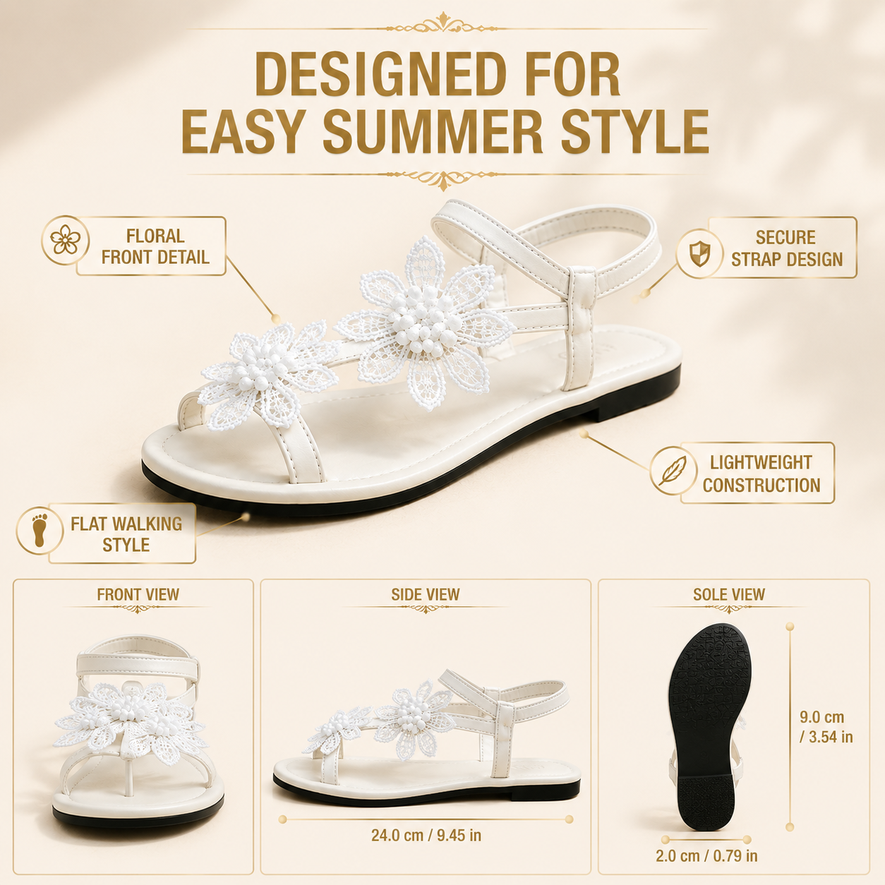 Floral Strappy Sandals For Women | White Flower Summer Shoes | Feminine Flat Sandals For Vacation, Beach Days & Everyday Outfits