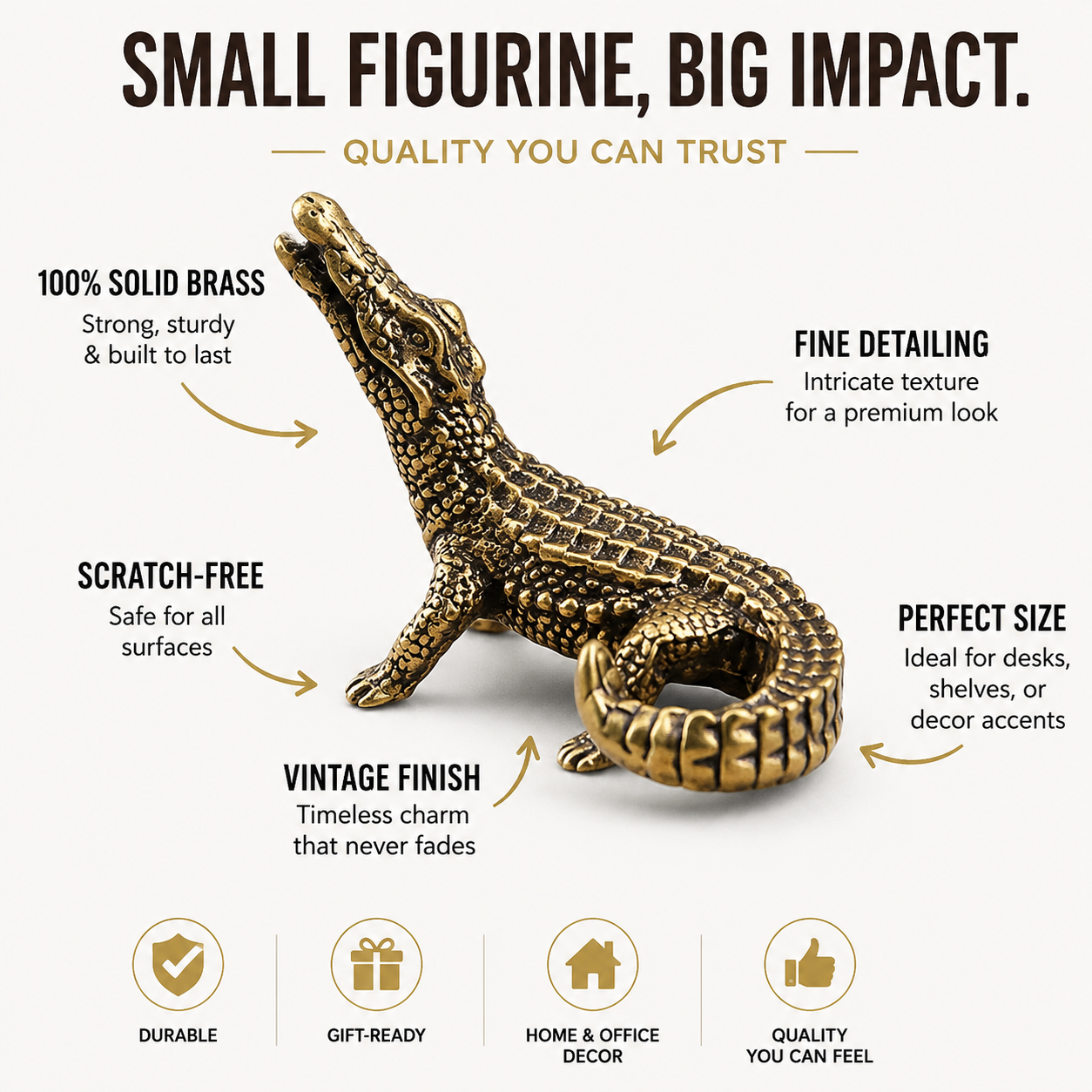 Bronze Crocodile Figurine Vintage Animal Statue Desk Shelf Home Decor Ornament Collector Gift