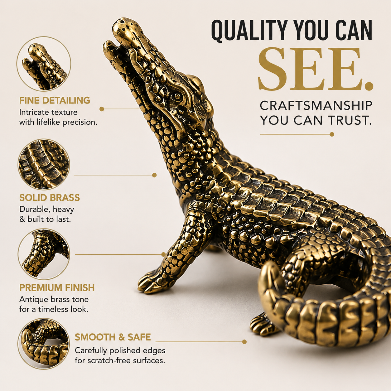 Bronze Crocodile Figurine Vintage Animal Statue Desk Shelf Home Decor Ornament Collector Gift