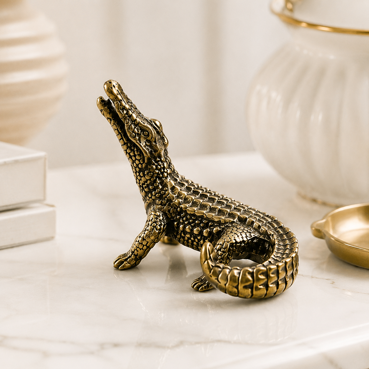 Bronze Crocodile Figurine Vintage Animal Statue Desk Shelf Home Decor Ornament Collector Gift