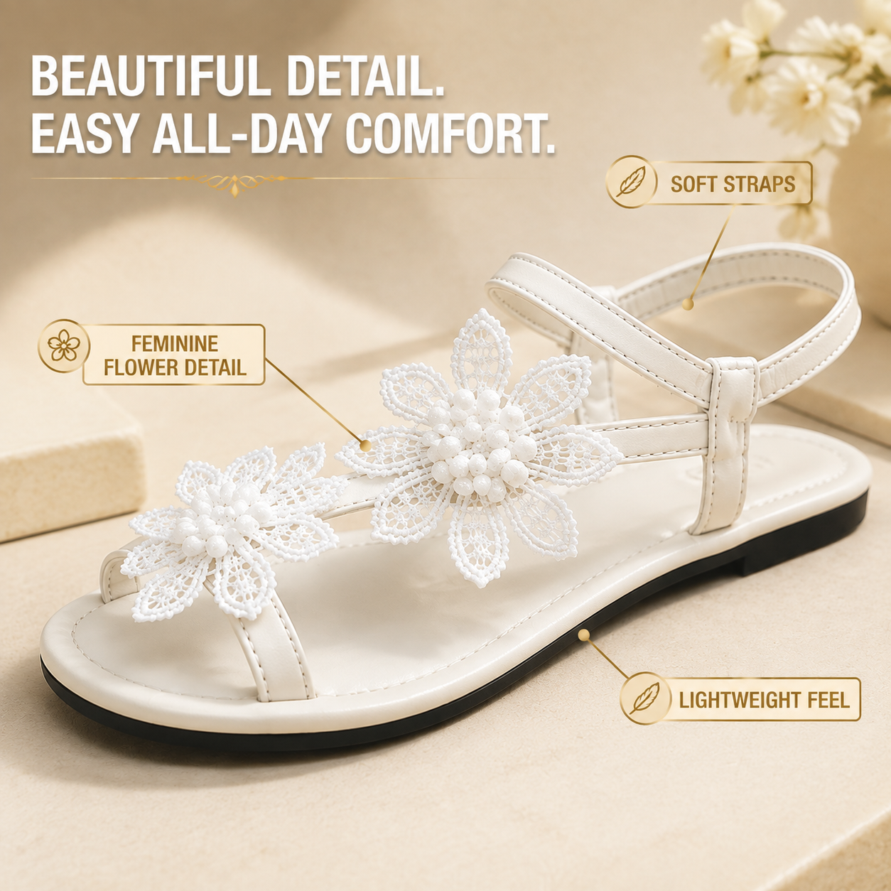 Floral Strappy Sandals For Women | White Flower Summer Shoes | Feminine Flat Sandals For Vacation, Beach Days & Everyday Outfits