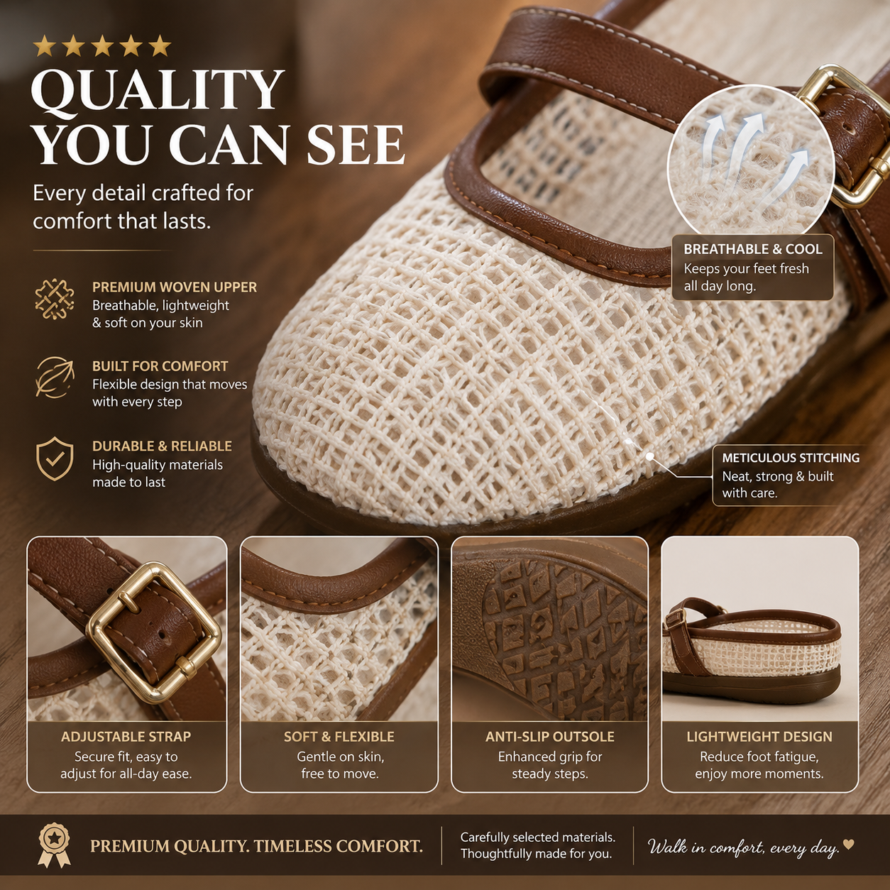 Breathable Knit Mary Jane Flats for Women – Lightweight Scratch-Free Comfort Shoes with Cushioned Support & Non-Slip Sole