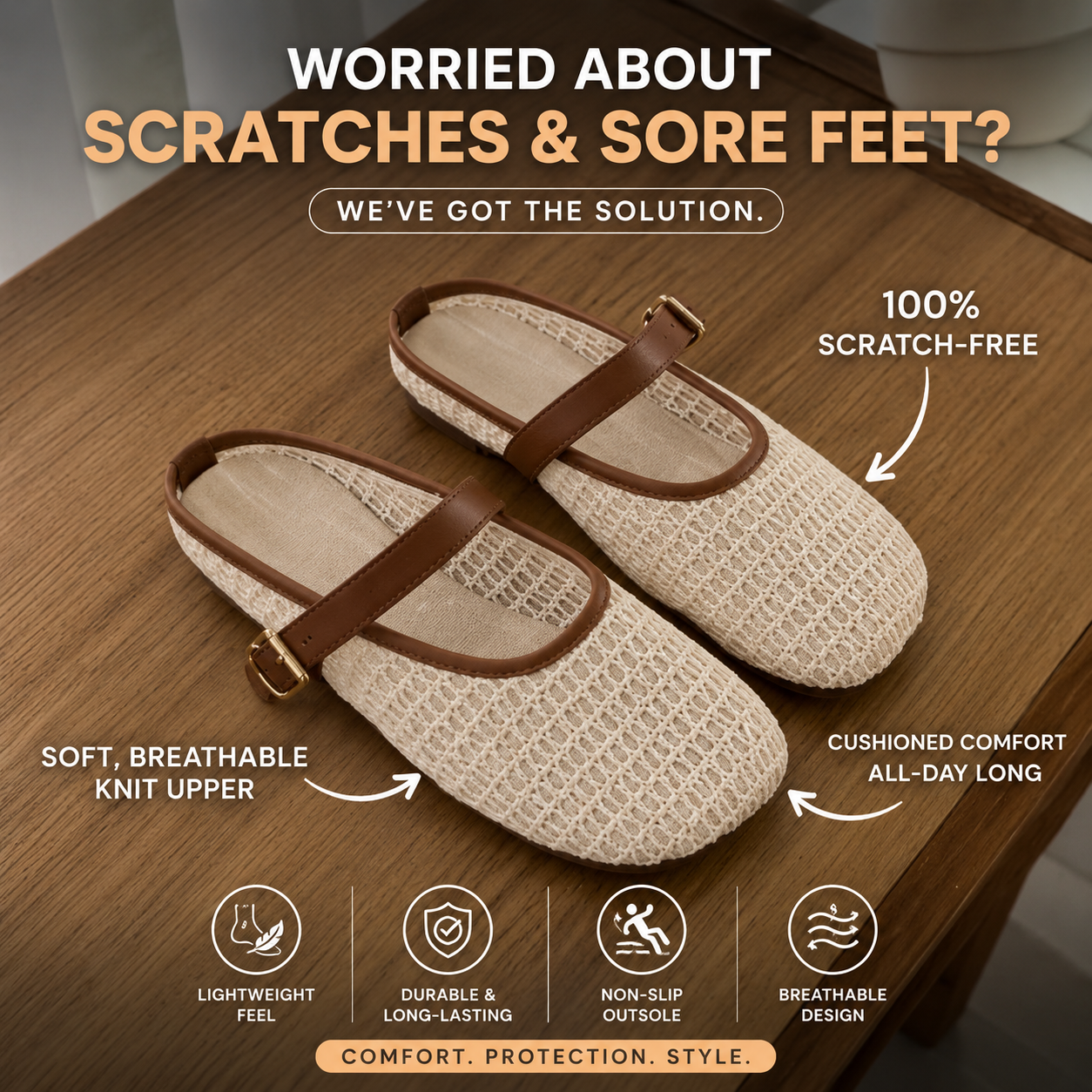 Breathable Knit Mary Jane Flats for Women – Lightweight Scratch-Free Comfort Shoes with Cushioned Support & Non-Slip Sole