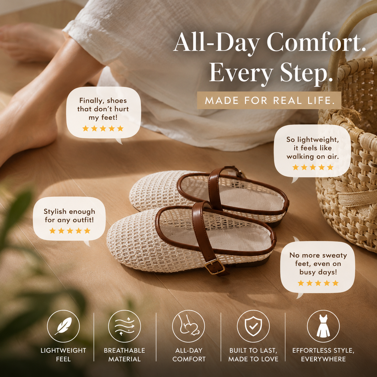 Breathable Knit Mary Jane Flats for Women – Lightweight Scratch-Free Comfort Shoes with Cushioned Support & Non-Slip Sole