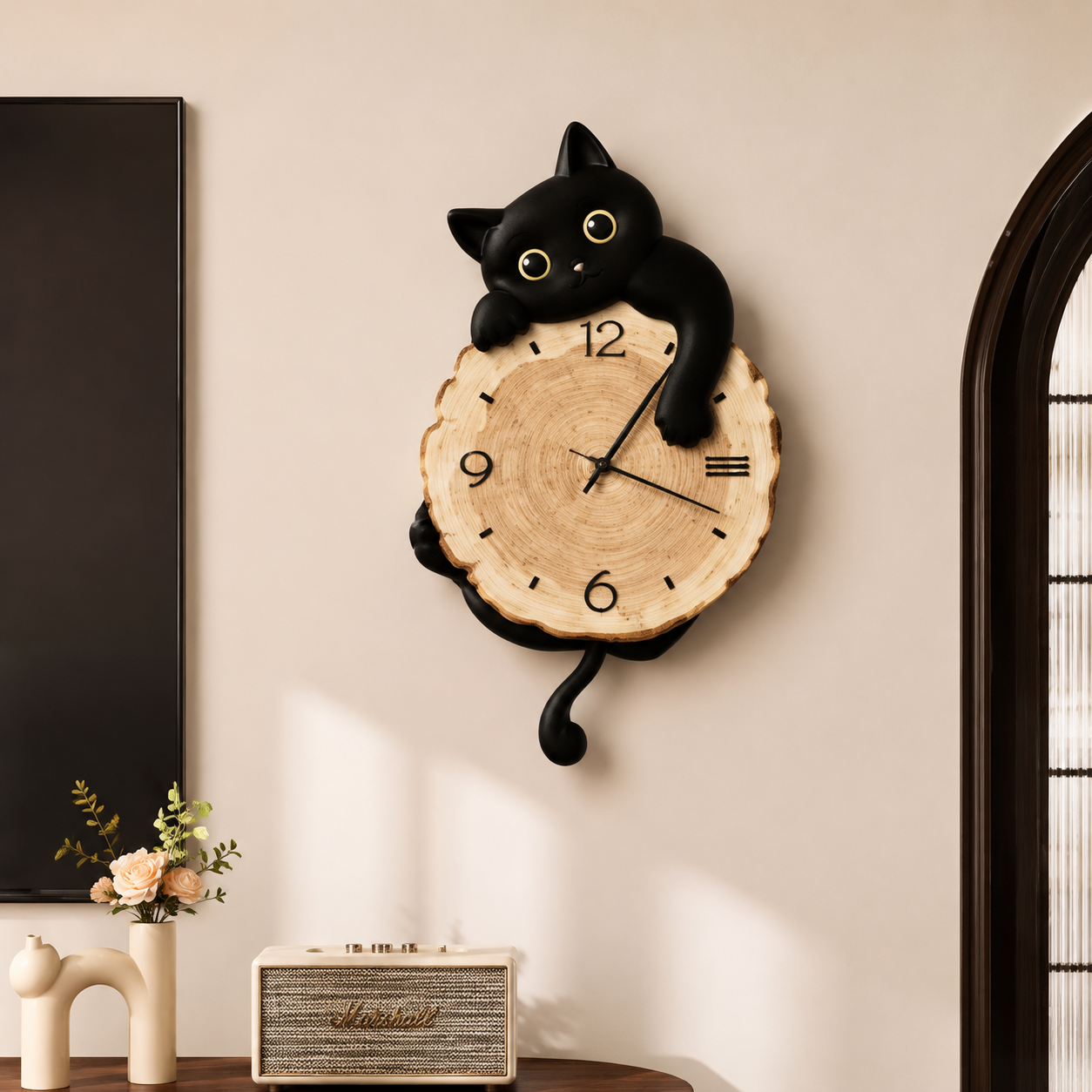 Cat Wall Clock Swing Tail Design | Cute Cartoon Cat Clock | Creative Wooden Wall Decor | Home Bedroom Living Room Decoration