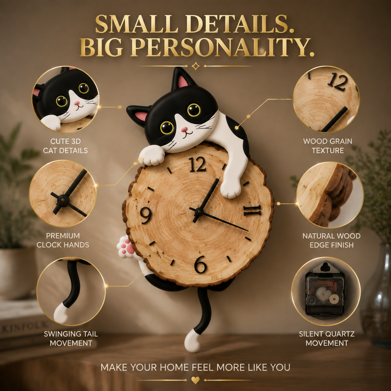 Cat Wall Clock Swing Tail Design | Cute Cartoon Cat Clock | Creative Wooden Wall Decor | Home Bedroom Living Room Decoration