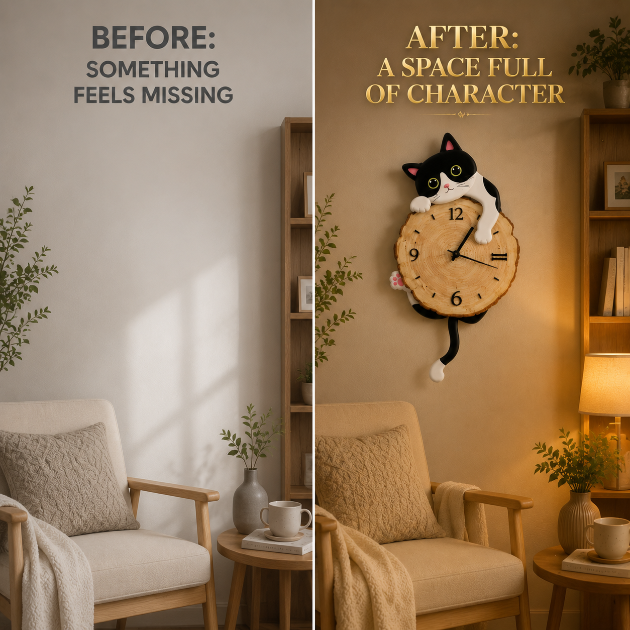 Cat Wall Clock Swing Tail Design | Cute Cartoon Cat Clock | Creative Wooden Wall Decor | Home Bedroom Living Room Decoration