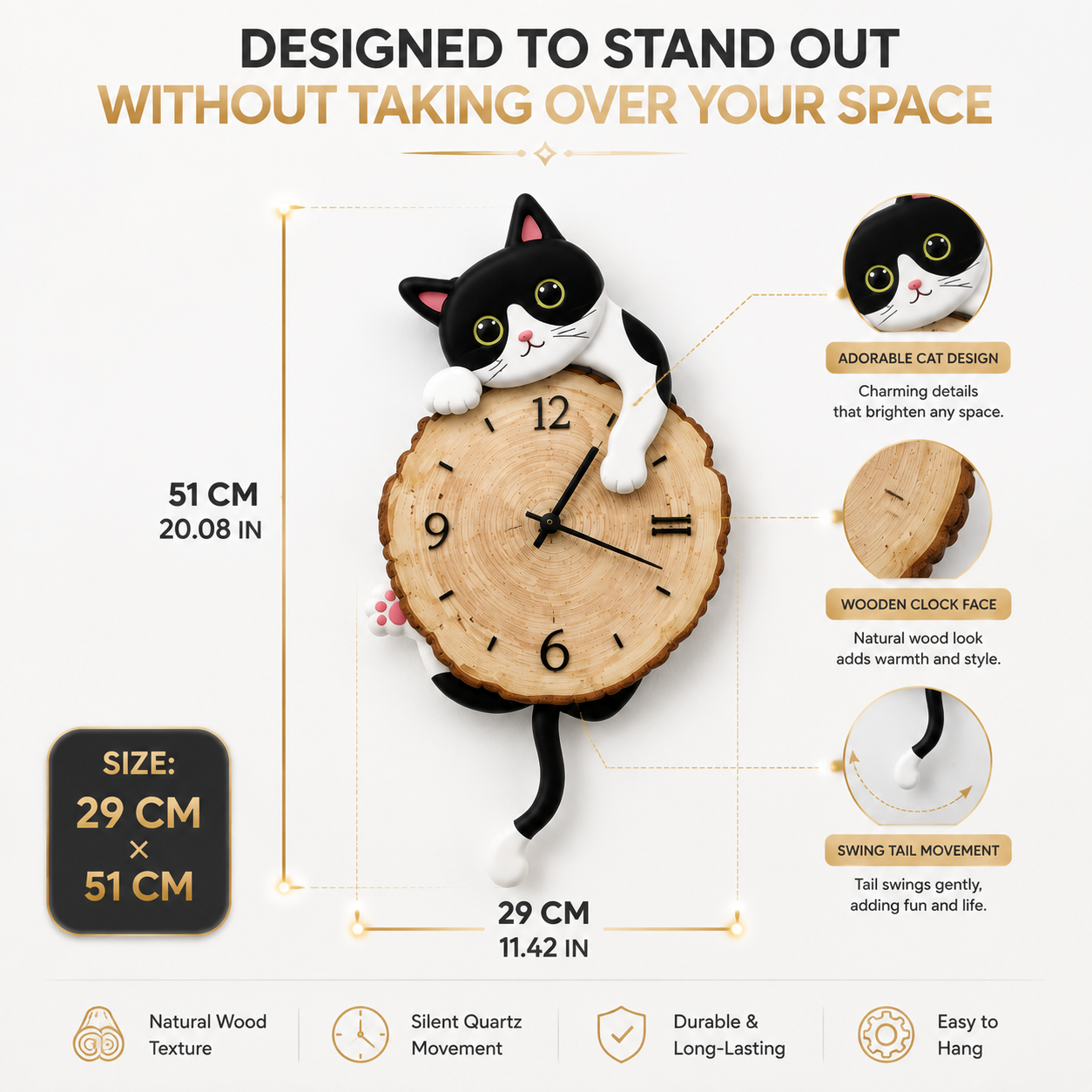 Cat Wall Clock Swing Tail Design | Cute Cartoon Cat Clock | Creative Wooden Wall Decor | Home Bedroom Living Room Decoration