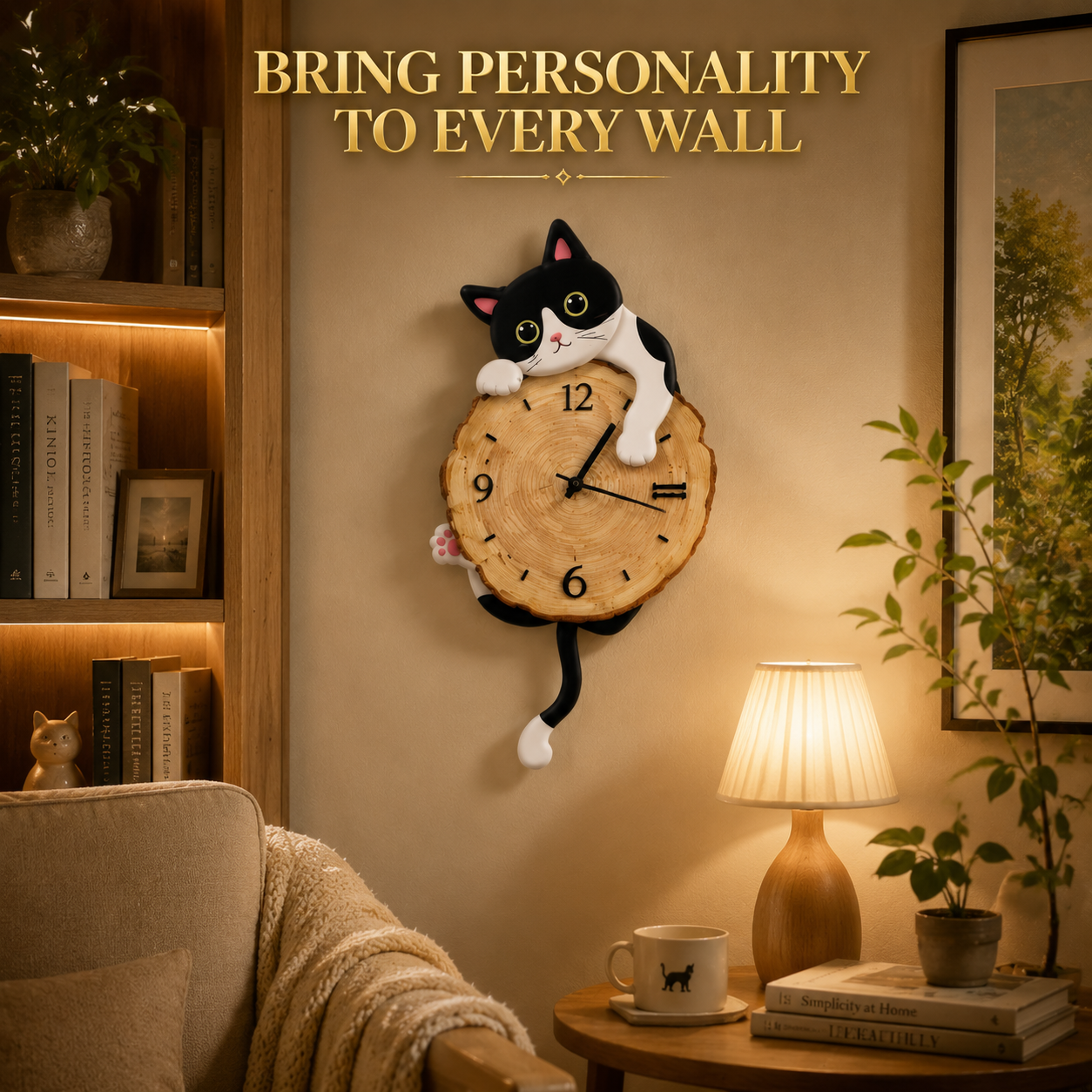 Cat Wall Clock Swing Tail Design | Cute Cartoon Cat Clock | Creative Wooden Wall Decor | Home Bedroom Living Room Decoration