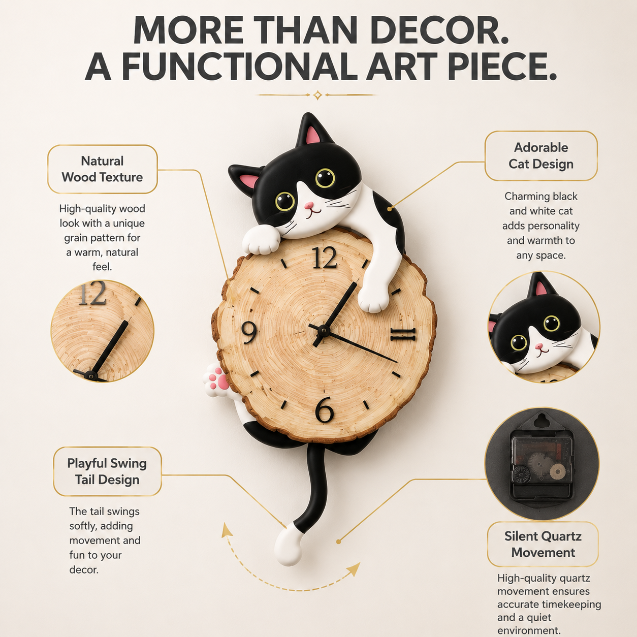 Cat Wall Clock Swing Tail Design | Cute Cartoon Cat Clock | Creative Wooden Wall Decor | Home Bedroom Living Room Decoration