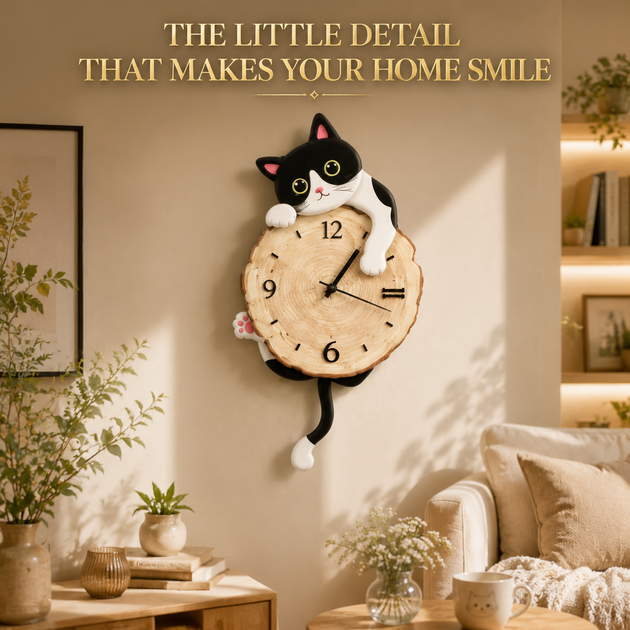 Cat Wall Clock Swing Tail Design | Cute Cartoon Cat Clock | Creative Wooden Wall Decor | Home Bedroom Living Room Decoration