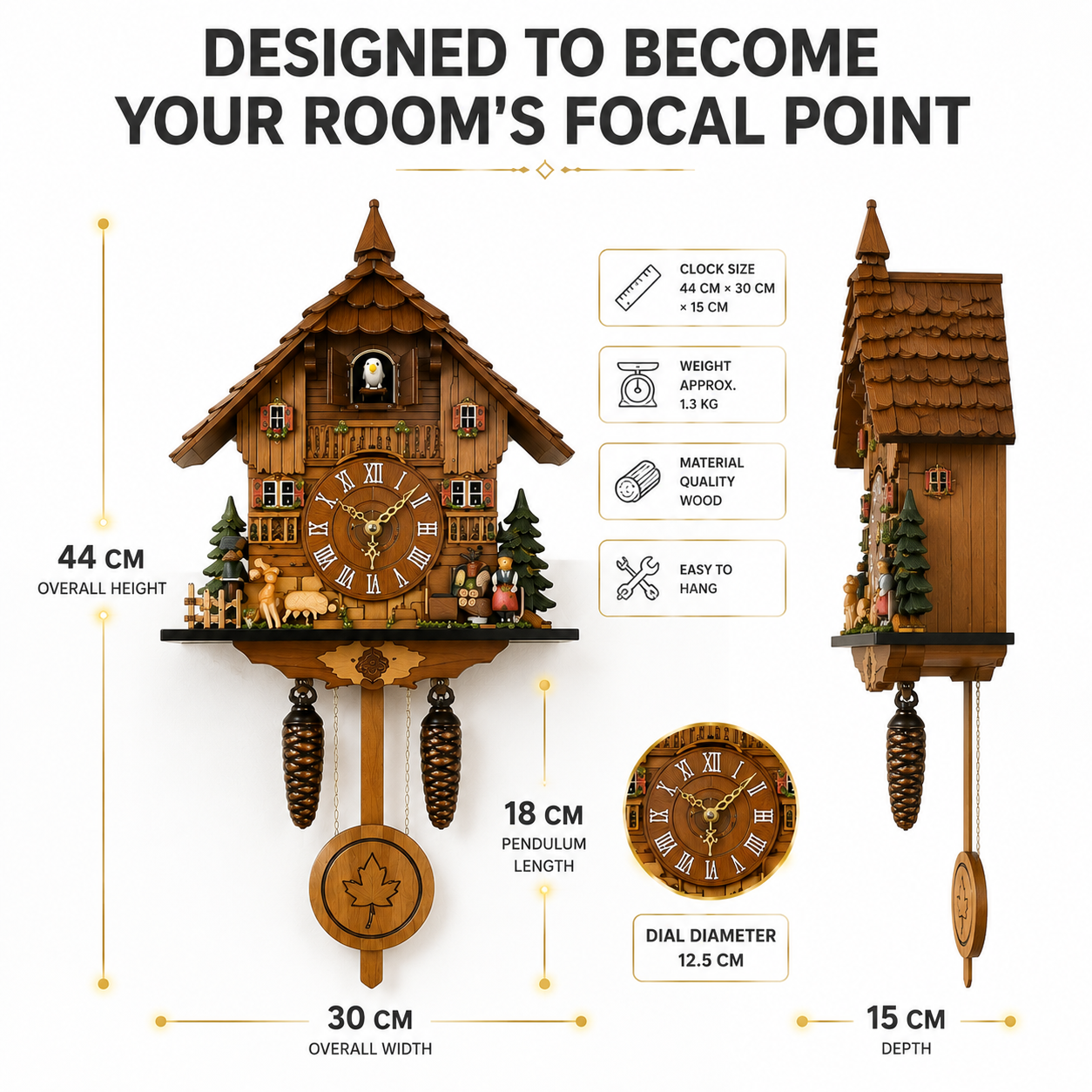 Wooden Cuckoo Wall Clock With Pendulum | Traditional Bird House Clock | Rustic Home Decor For Living Room Bedroom Office
