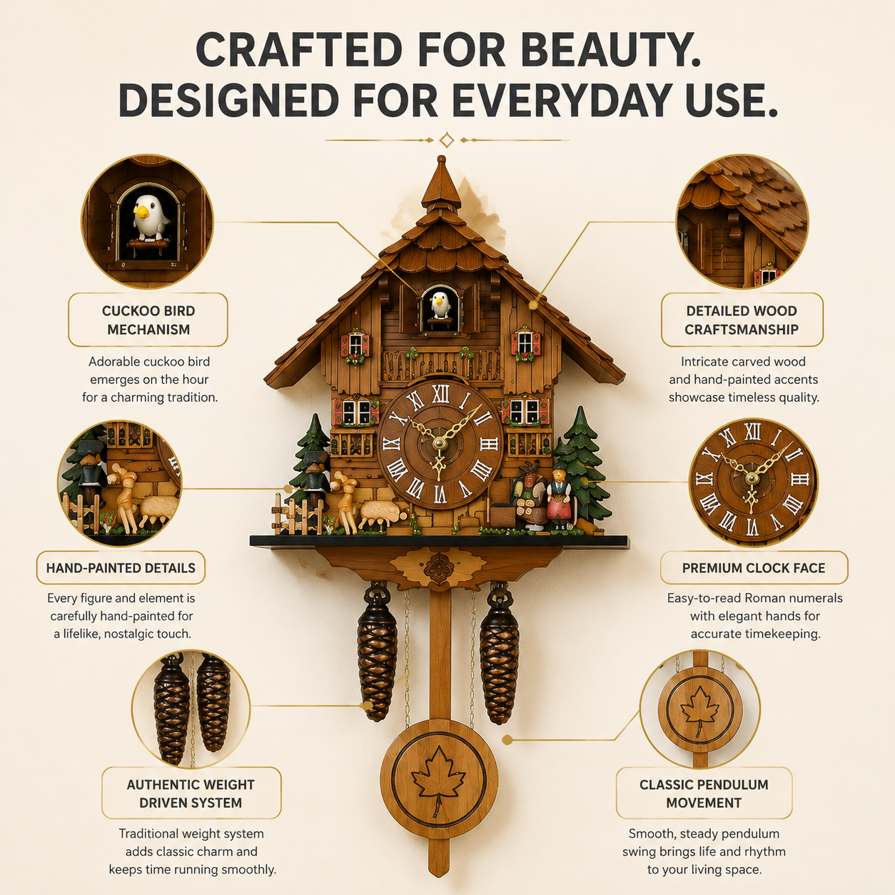 Wooden Cuckoo Wall Clock With Pendulum | Traditional Bird House Clock | Rustic Home Decor For Living Room Bedroom Office